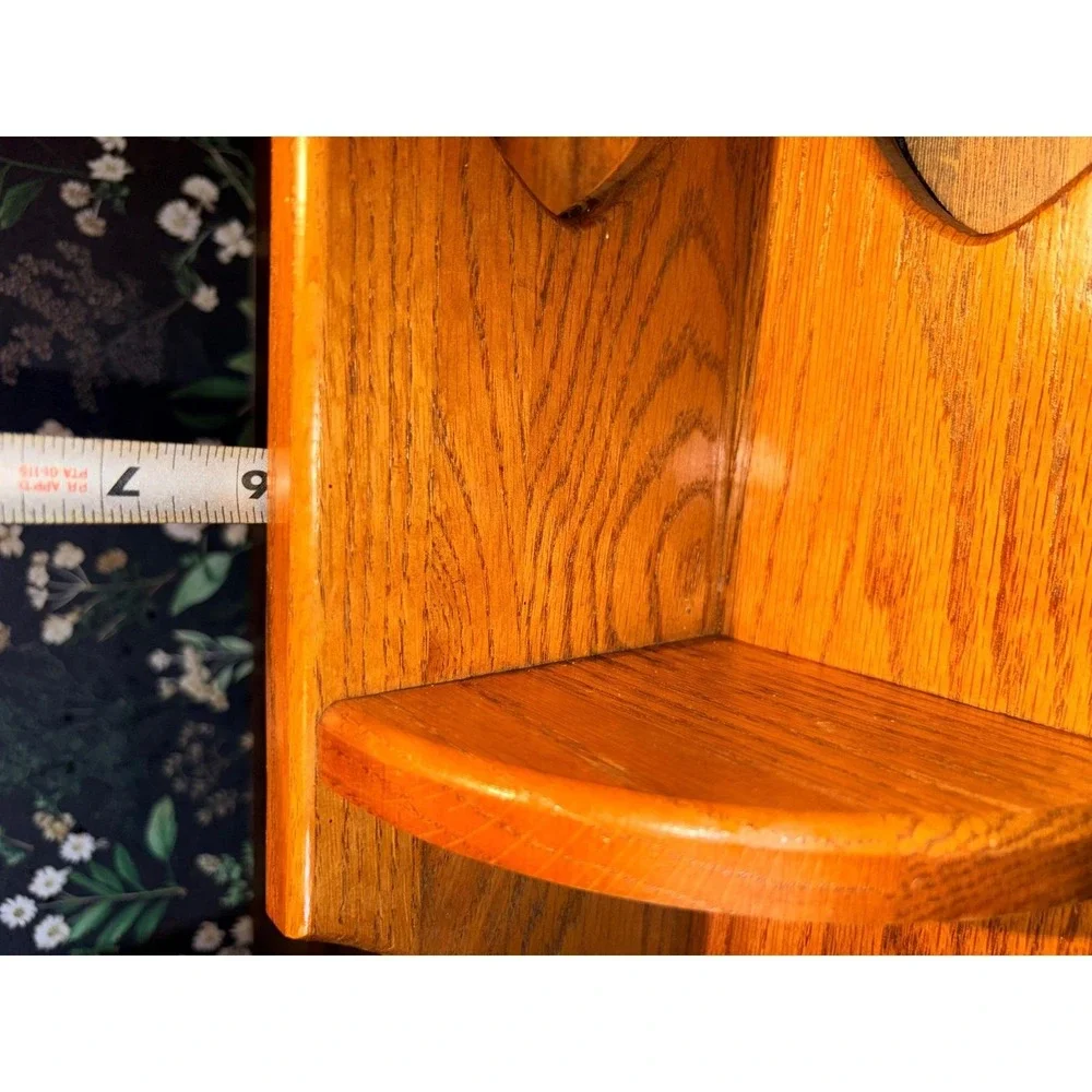 Vintage Oak Wood Corner Shelf Heart Cutouts Rustic Country Farmhouse Wall Decor